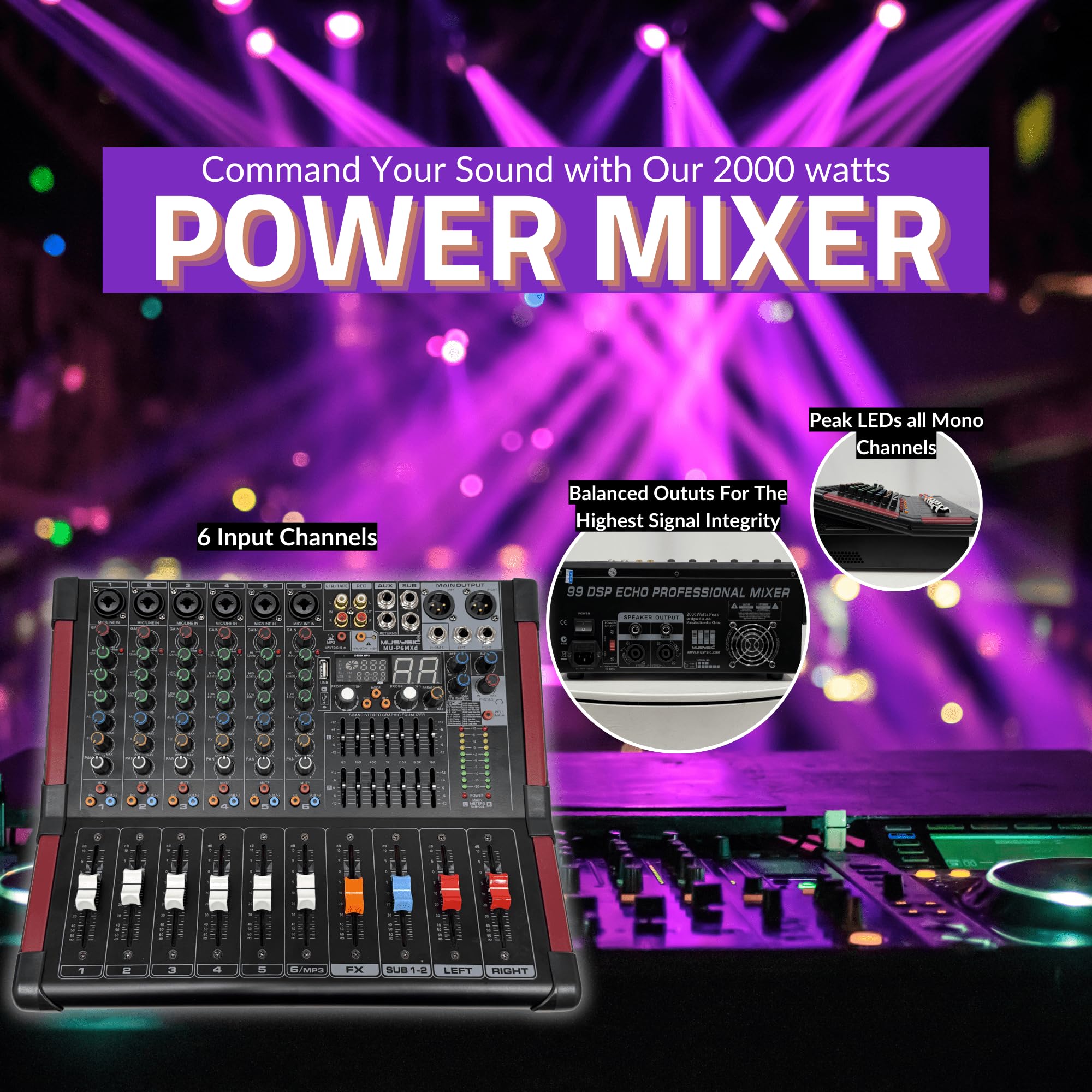 MUSYSIC Portable PA System with Wireless Microphone and Speakers - 6 Ch Audio Mixer with Built-in 2000W Amp & Wireless UHF Micro